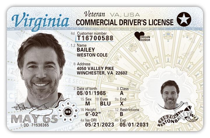 Licencia de conducir comercial de Virginia para más de 21 , cumple con REAL ID, indicador de veterano