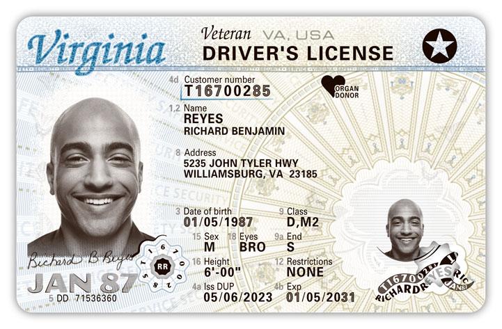 Licencia de conducir de Virginia para más de 21 , cumple con REAL ID, indicador de veterano