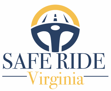 Safe Ride Virginia con logotipo de carretera en el volante amarillo y azul oscuro