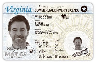 Licencia de conducir comercial de Virginia para más de 21 , cumple con REAL ID, indicador de veterano